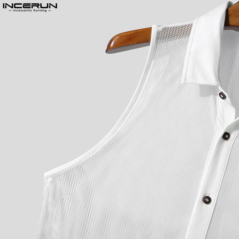 INCERUN Summer Men Lapel Sleeveless Mesh See Through Party Cropped Tank Tops