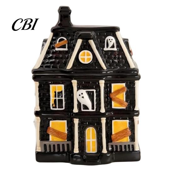 Festive Party Supplies Haunted House Candy Jar with Lid, Synthetic Resin Halloween Storage Container, 3D Relief Craftsmanship Box for Cookies Jewelry