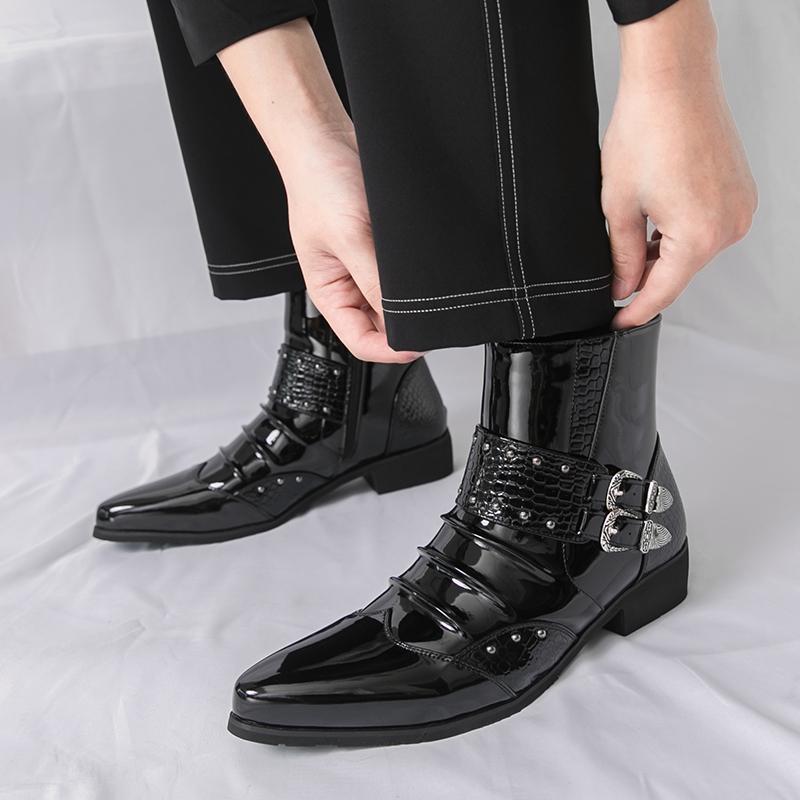 Мужские ботинки с высоким голенищем из полиуретана на низком каблуке с острым носком, модные, для парикмахера, банкетные, мужские ботинки