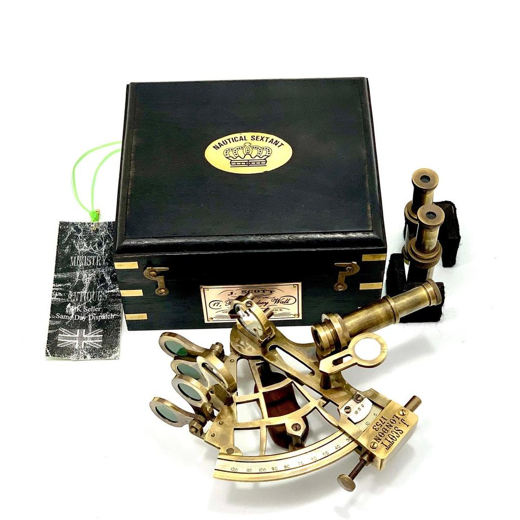 Antique Maritime Nautical Sextant Vintage Marine Astrolabe Ship's Instruments with Wooden Box Brass Ship Sextant with Hardwood Engraved Box