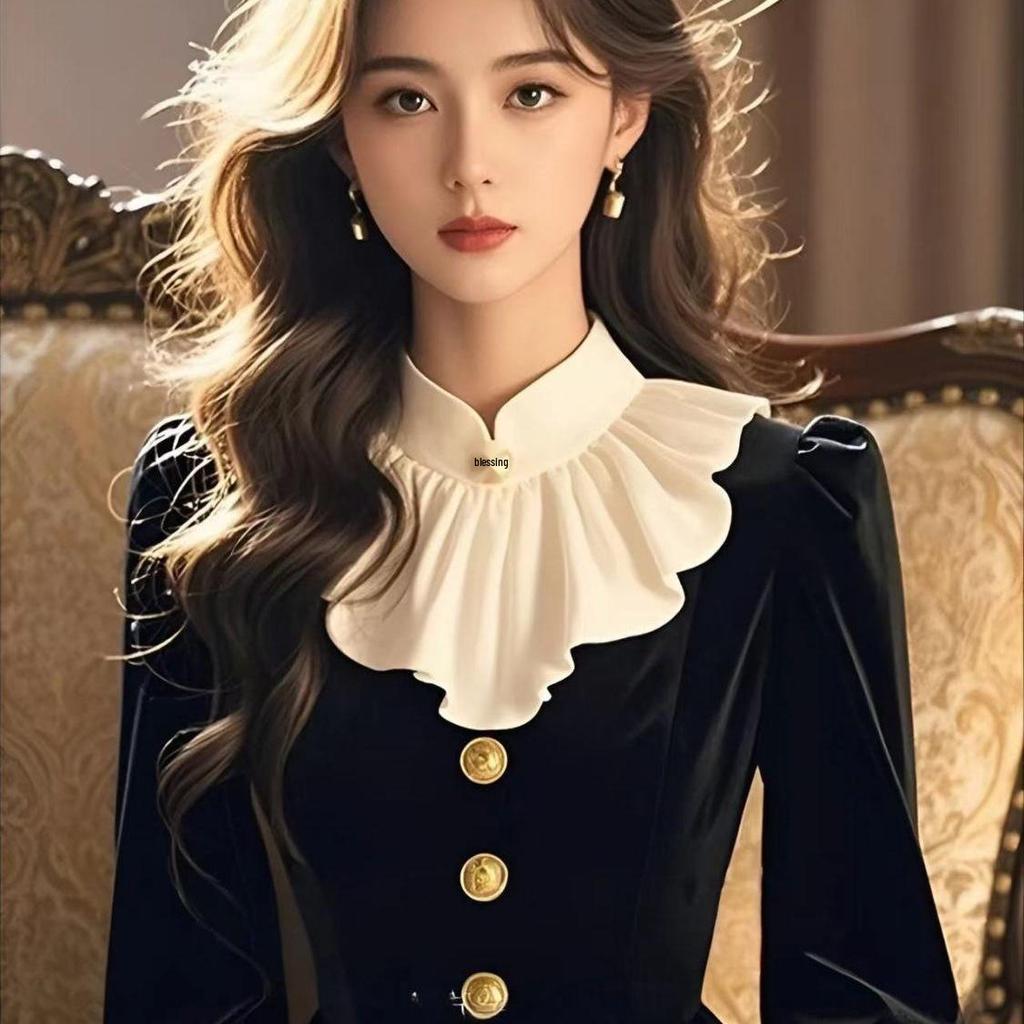 Элегантное Ретро Черное Бархатное Платье с Оборками - Осень/Зима