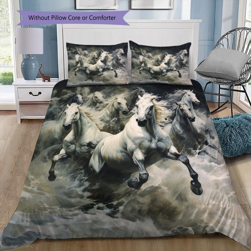 Black White Running Horses Bedding Set, Aurora Grassland 3Pcs Duvet Cover Set Without Filler