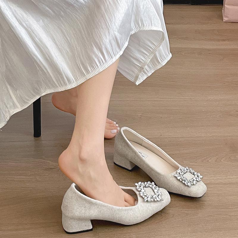 Модный дизайн Кристалл Женские туфли Мэри Джейн Модные туфли на низком толстом каблуке Осенние женские уличные туфли-лодочки