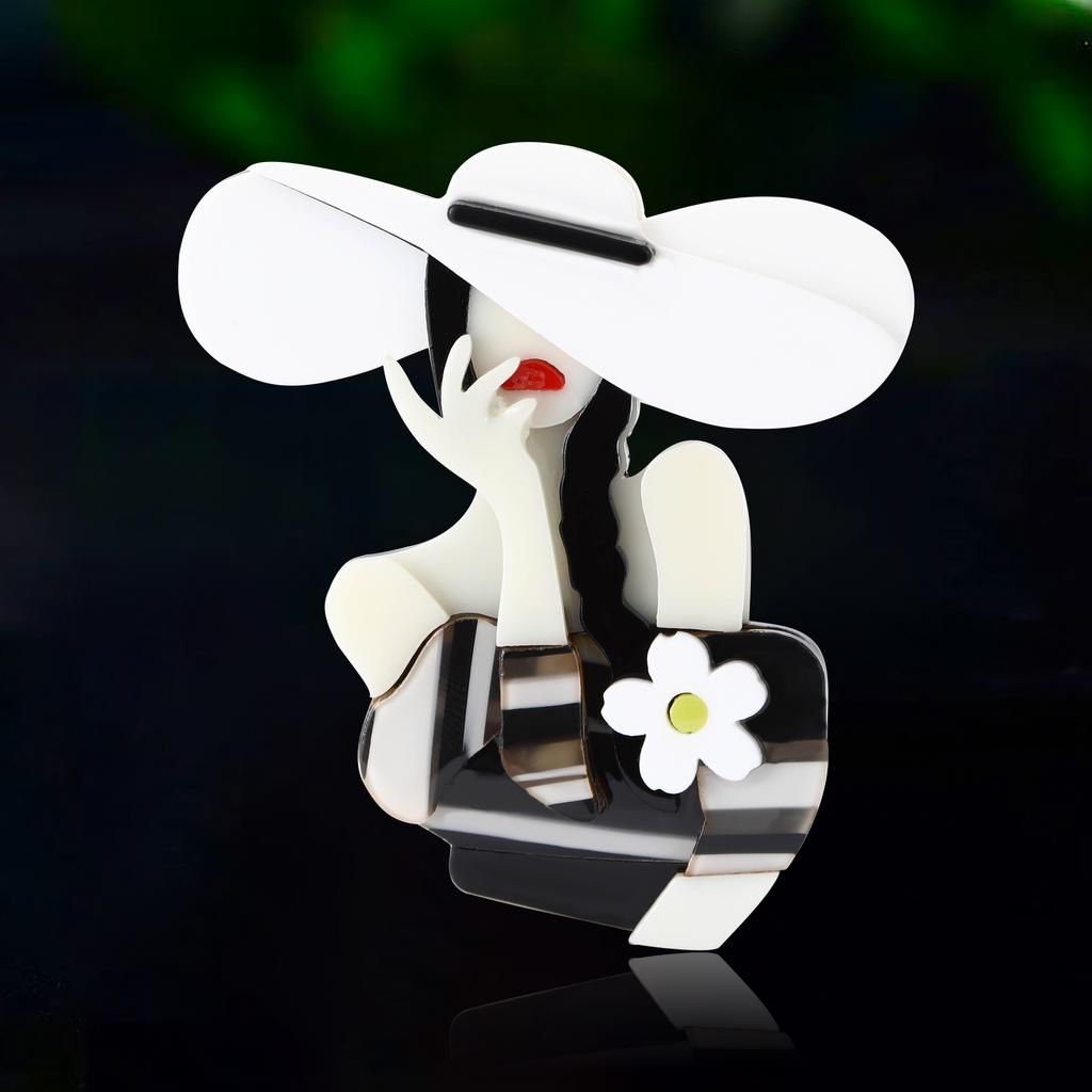 Acrylic White Flower Miss Brooches for Women Unisex Flower Character Pins Event Party Backpack Decoration Clothes Accessories