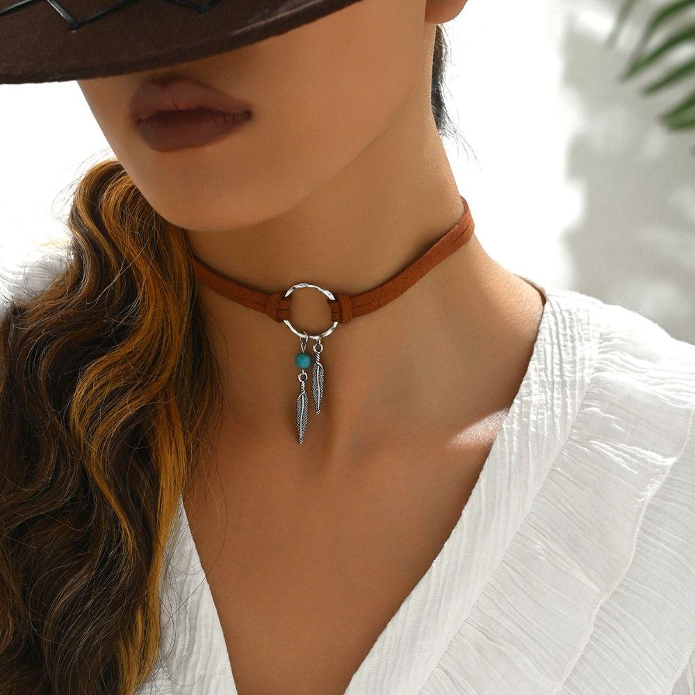 Ethnic Style Turquoise Stone Necklace Woven Rope Bohemian Necklace Trendy Leaf Tassel Choker  Gift