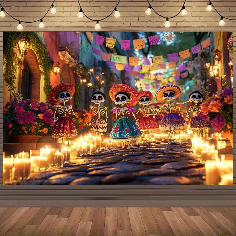 1 piece of Day of the Dead polyester background fabric - Mexican Day of the Dead Skeleton Dancer festival decoration