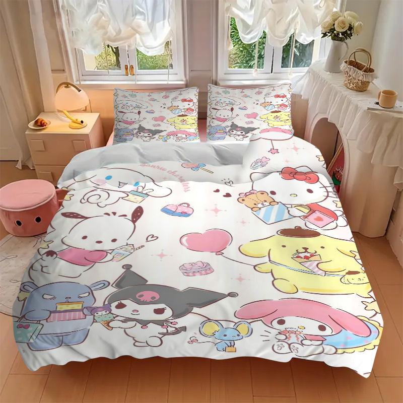 3 шт. Набор постельного белья с принтом персонажей Sanrio Пом Пон Пурин Почакко (1 Пододеяльник + 2 Наволочки, Без Наполнителей), Мягкий и удобный W092