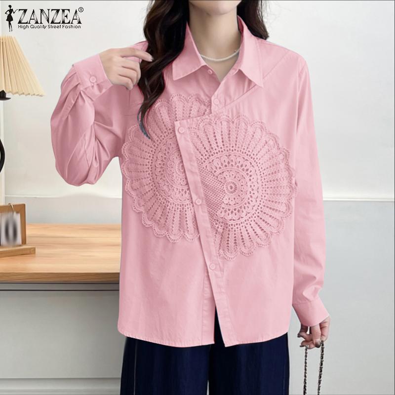 ZANZEA Женская повседневная блузка с отложным воротником, длинным рукавом и кружевной отделкой