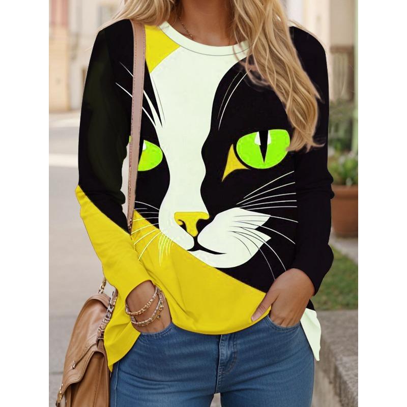 Women's T Shirts 3D Print Art Design Cat Pattern Long Sleeve Daily Weekend Fashion Funny Round Neck Regular Fit Spring Fall