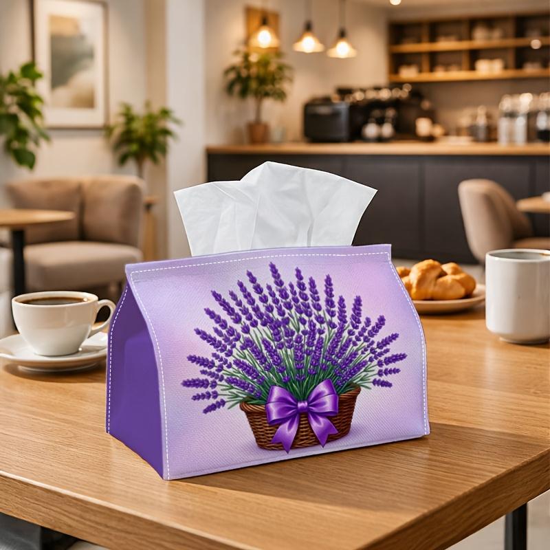 1pc Rustic Country Botanical Tissue Box-Lavender Bouquet Basket Ribbon, Durable Napkin Organizer, Kitchen, Dining, Home Decor-Decorative Tabletop Part