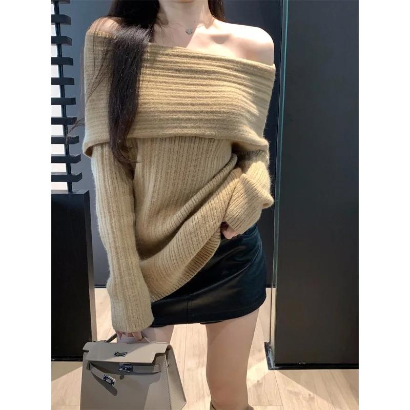 Elegant Sexy Slash Neck Pullover Sweater For Women Autumn Winter Loose Knitted Jumpers Tops Office Ladies Fashion Casual Sweet Sweaters Clothing 30987