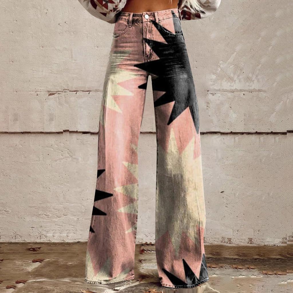 Широкие расклешенные джинсы для женщин с карманами, мешковатые брюки с винтажным цветочным принтом и высокой талией, свободные брюки