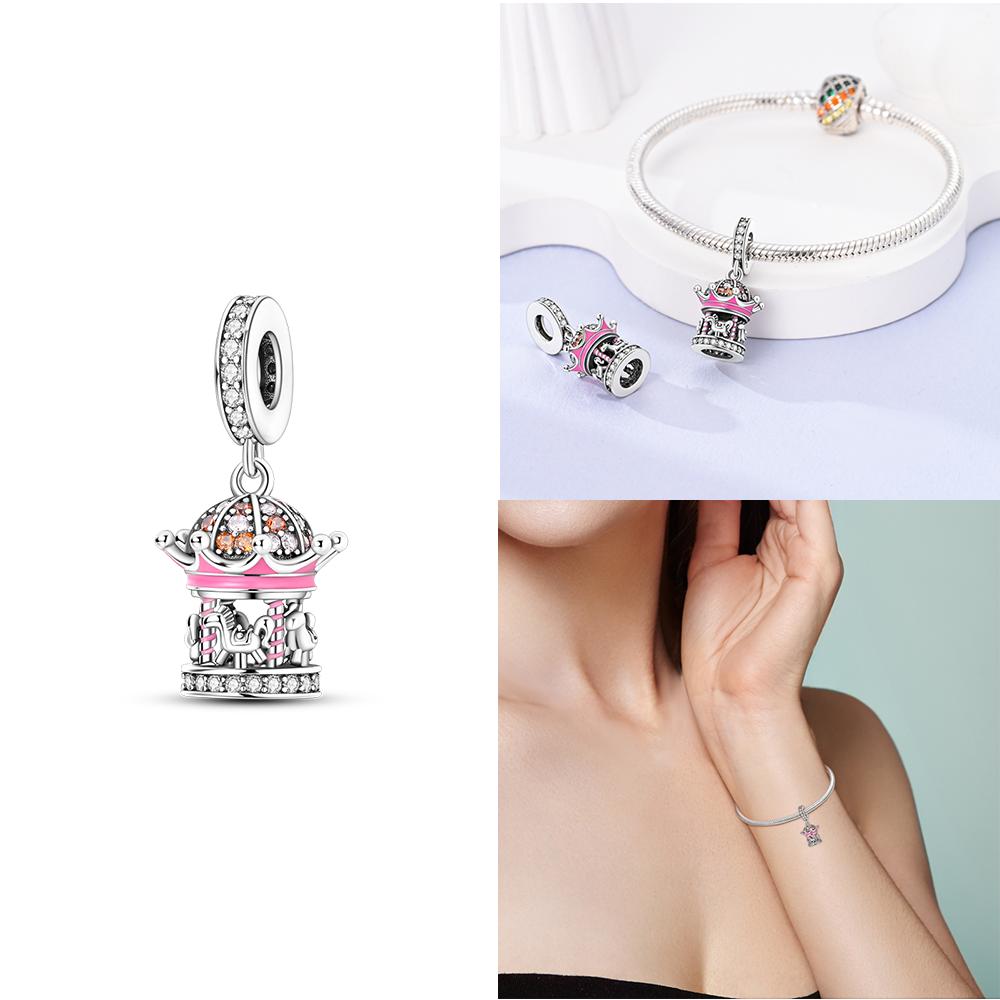 Charms Pink Beads Smart Watch Bike Car Travel Dangle Original Copper Bead Fit Bangle Bracelet Diy Jewelry Woman Fine Gift