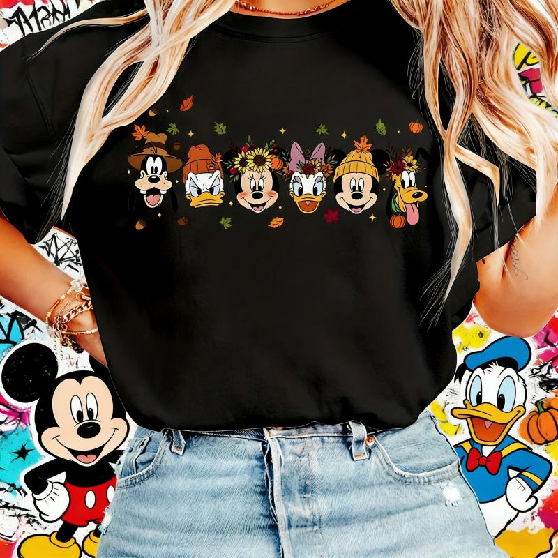 Женская футболка Disney High Flying с Дональдом Даком, Минни, Дейзи, Плуто, венок, листья, тыква, мягкий круглый вырез, 100% чистый хлопок, с принтом