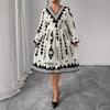 Foreign trade autumn and winter new dress large size fat mm printed bubble sleeve V-neck dress high waist and thin dress