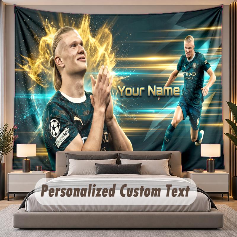 Custom Name Text Tapestry Erling Haaland Personalized Polyester Wall Tapestry For Bedroom And Room