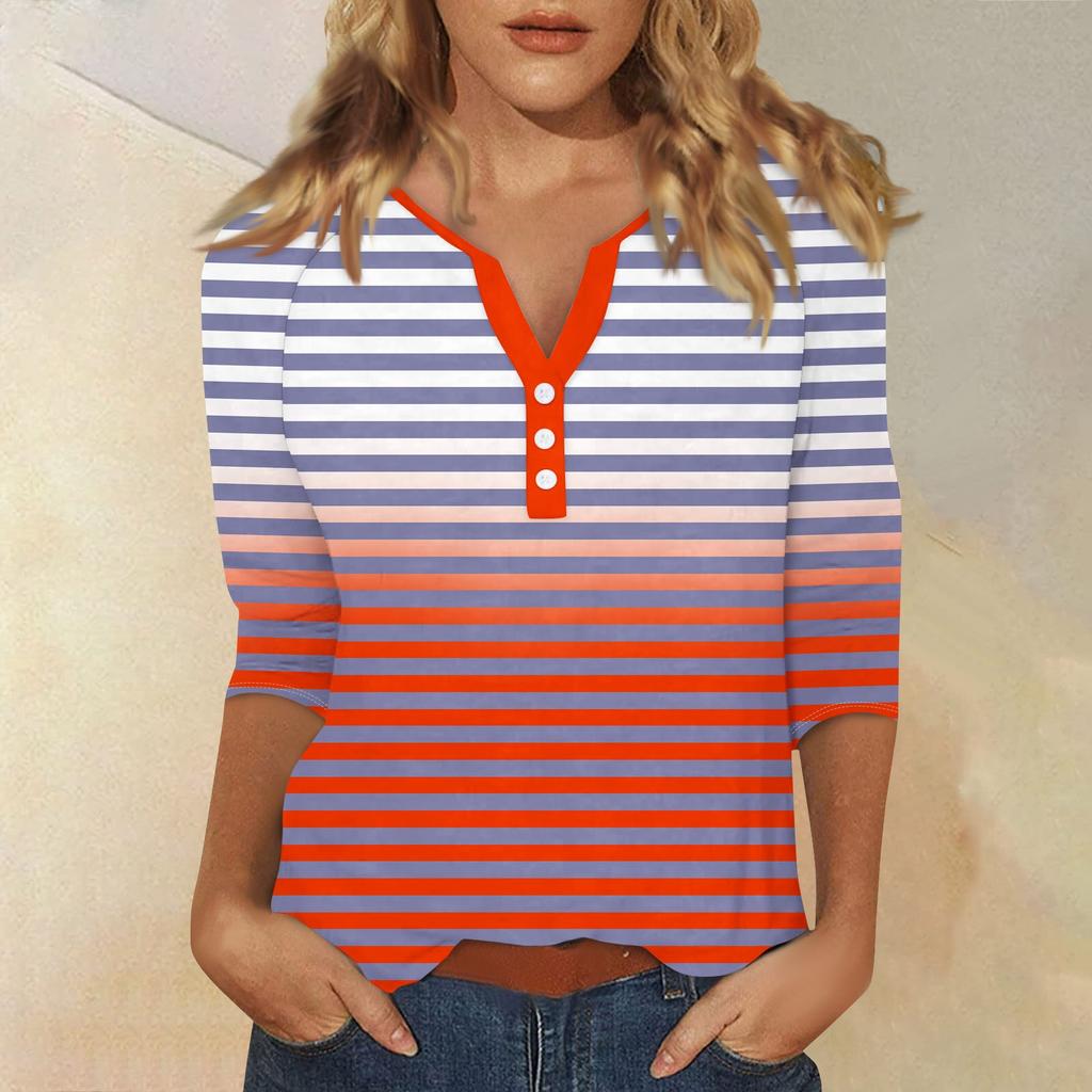 Жен. Футболка Футболка С принтом Пуговицы Рукав 3/4 Повседневные Выходные Мода Классический Классический V-образный вырез Обычный Верх