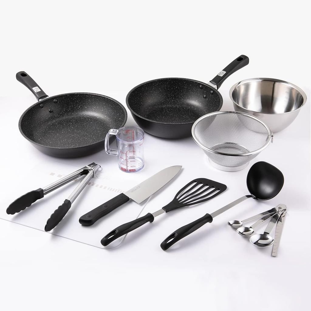 KAI Cookware Set 11 Pieces IH Compatible Perfect for Single Living or New Lifestyles Frying Cutting Measuring Measuring Spoon - - - - Includes Pan,