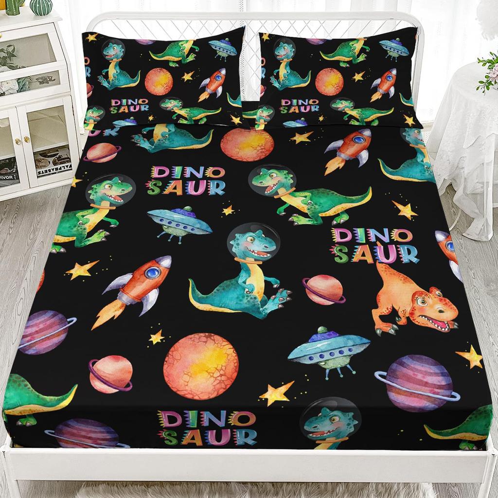 Многоцветный мультяшный узор с динозаврами, шапка на кровать из трех частей, цифровая печать, милый узор, постельный комплект