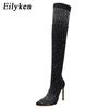 Fashion Eilyken Fashion Runway Crystal Stretch Fabric Sock Over-the-Knee Boot Thigh High Pointed Toe Woman Stiletto Heel Shoes