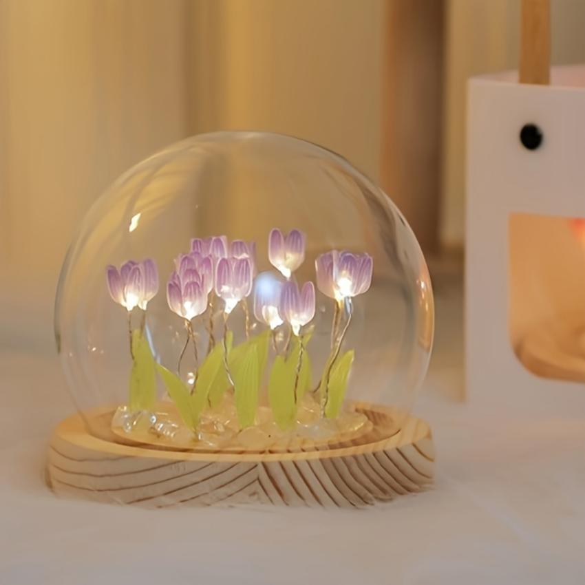 Elegant LED Tulip Decor In Glass Dome - Art Deco Night Light, Ideal for Christmas & Valentine's Day Gift