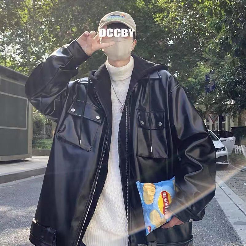 Мужская куртка с капюшоном из искусственной кожи в стиле ретро-американец для осени/зимы