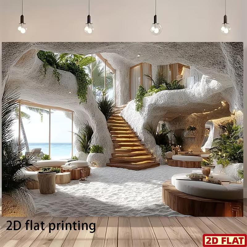 2D Тропический пляж Пещера Фон Пляжный курорт и Лестница Фотозона Фон