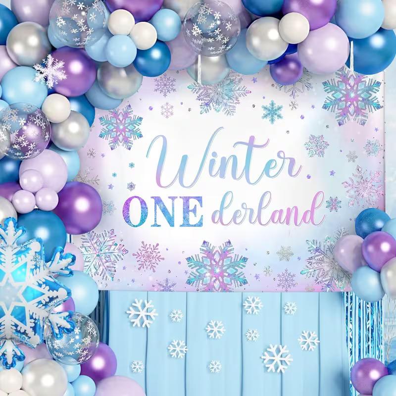 2D Printing Winter ONEderland Backdrop, Glitter Pastel Snowflake 1st Birthday Decor