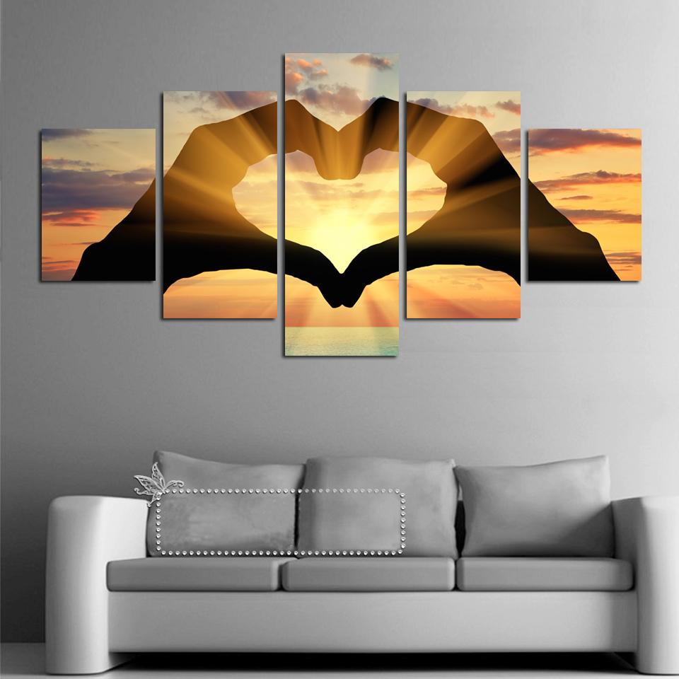 Modern Wall Art Poster Home Decor 5 Panel Sunset Hand Love Seascape Living Room Print Canvas HD Painting Pictures Modular No Frame