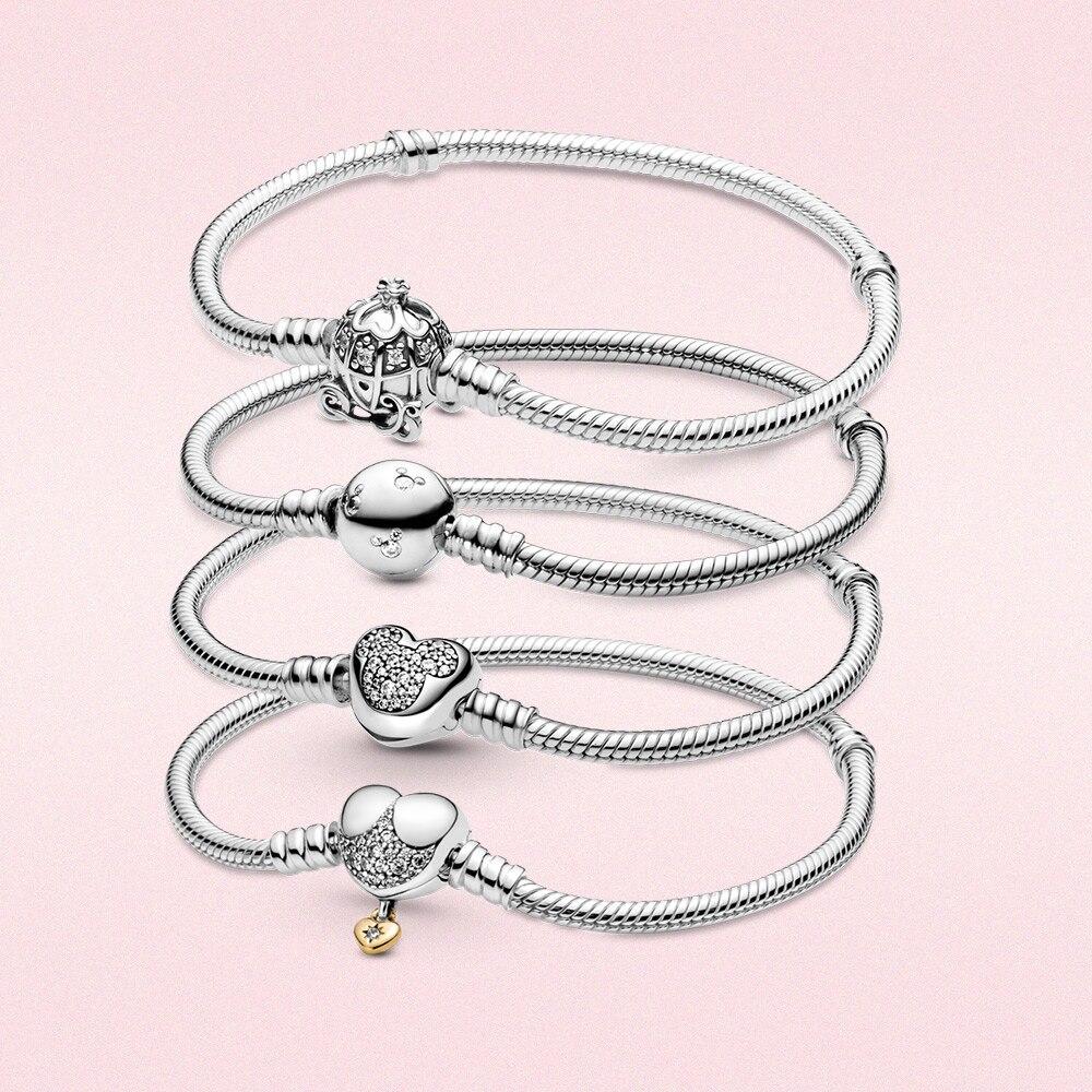 925 Sterling Silver Bracelet Moments Sparkling Moments Mouse Heart Clasp Snake Chain Bracelet Women for Jewelry DIY Charm Bead