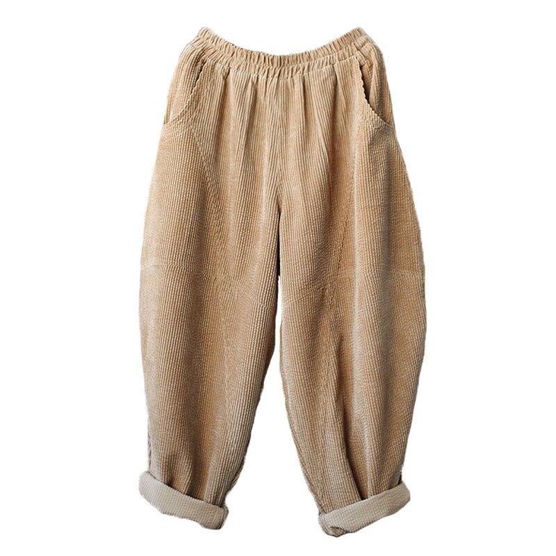 Johnature Women Vintage Corduroy Casual Pants Washed Distressed Loose Autumn Winter Solid Color Elastic Waist Trousers