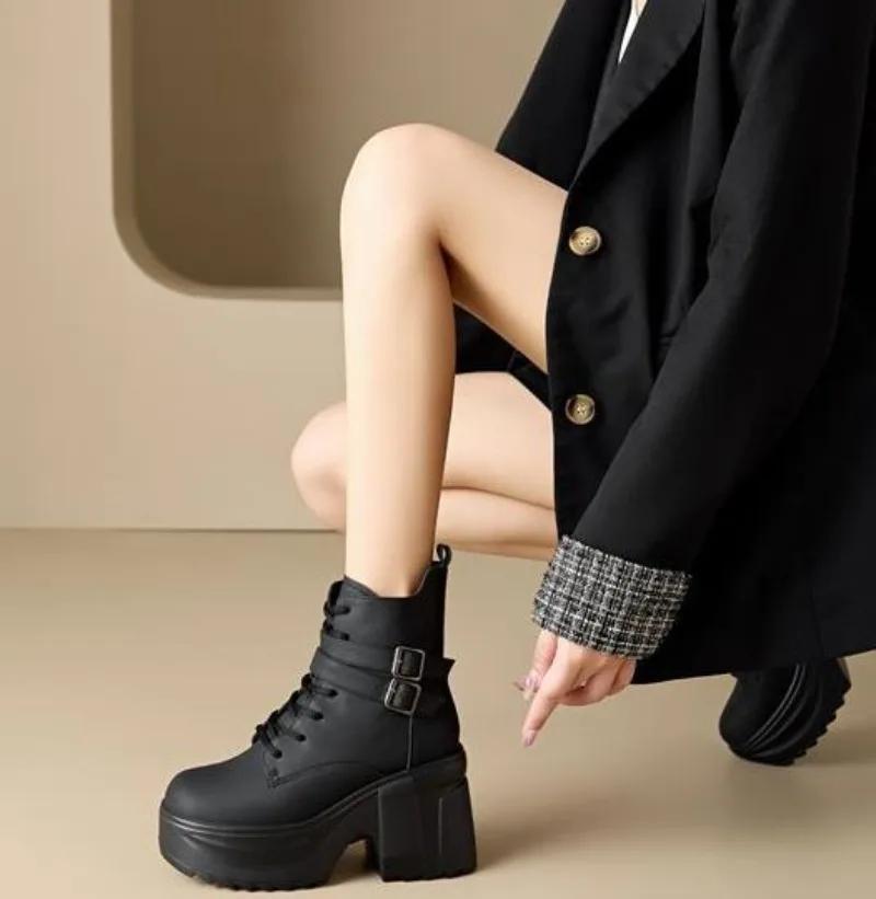 Мода 10 см Микрофибра Синтетика Женские Молния Массивный Каблук Платформа Ботильоны Осень Лодыжка Весна Лодыжка Мотоциклетные Обувь на Толстой Подошве