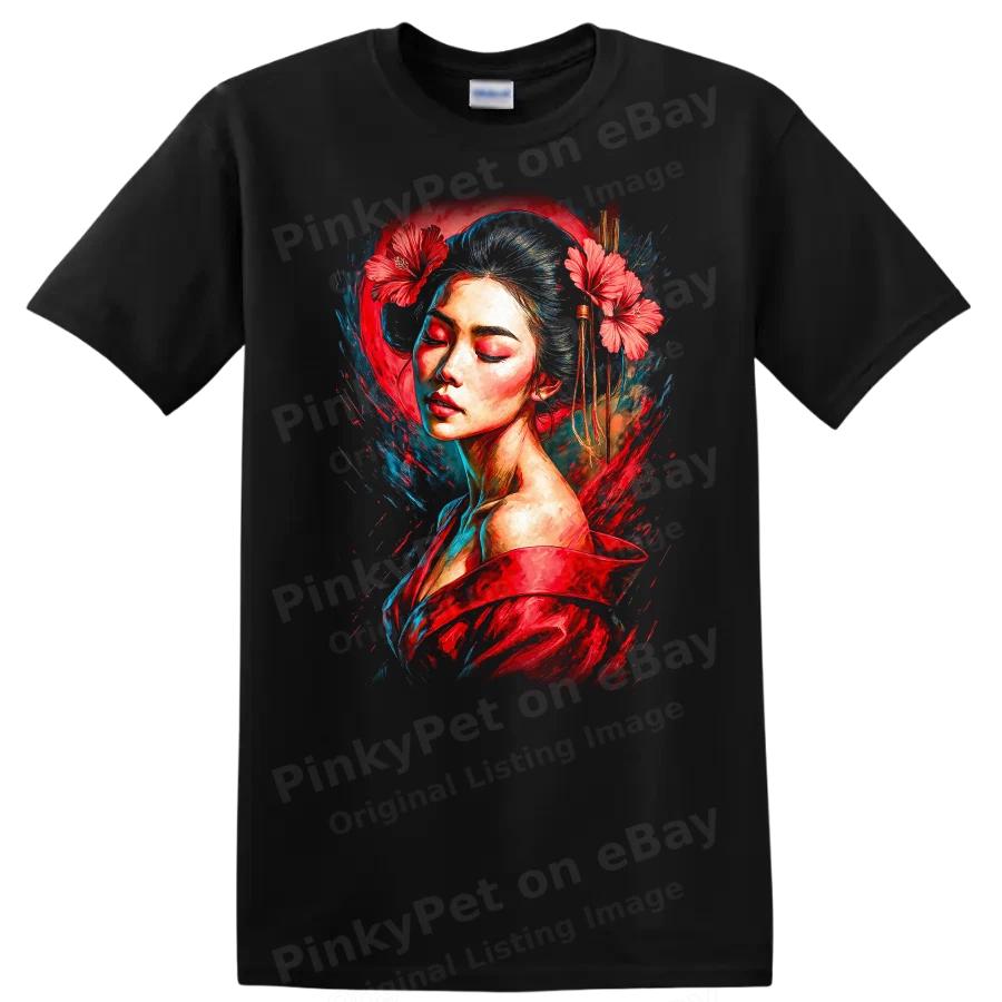 Japanese Style Art Woman Floral T Shirt Graphic Tee Red Hibiscus Design