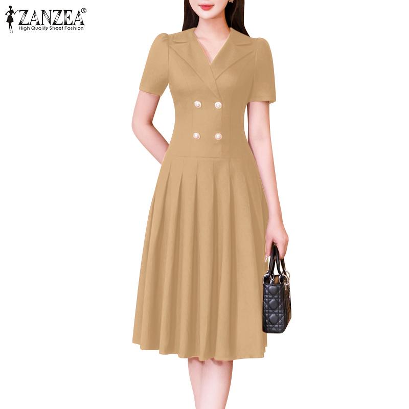 ZANZEA Женское повседневное свободное плиссированное платье с отложным воротником и коротким рукавом