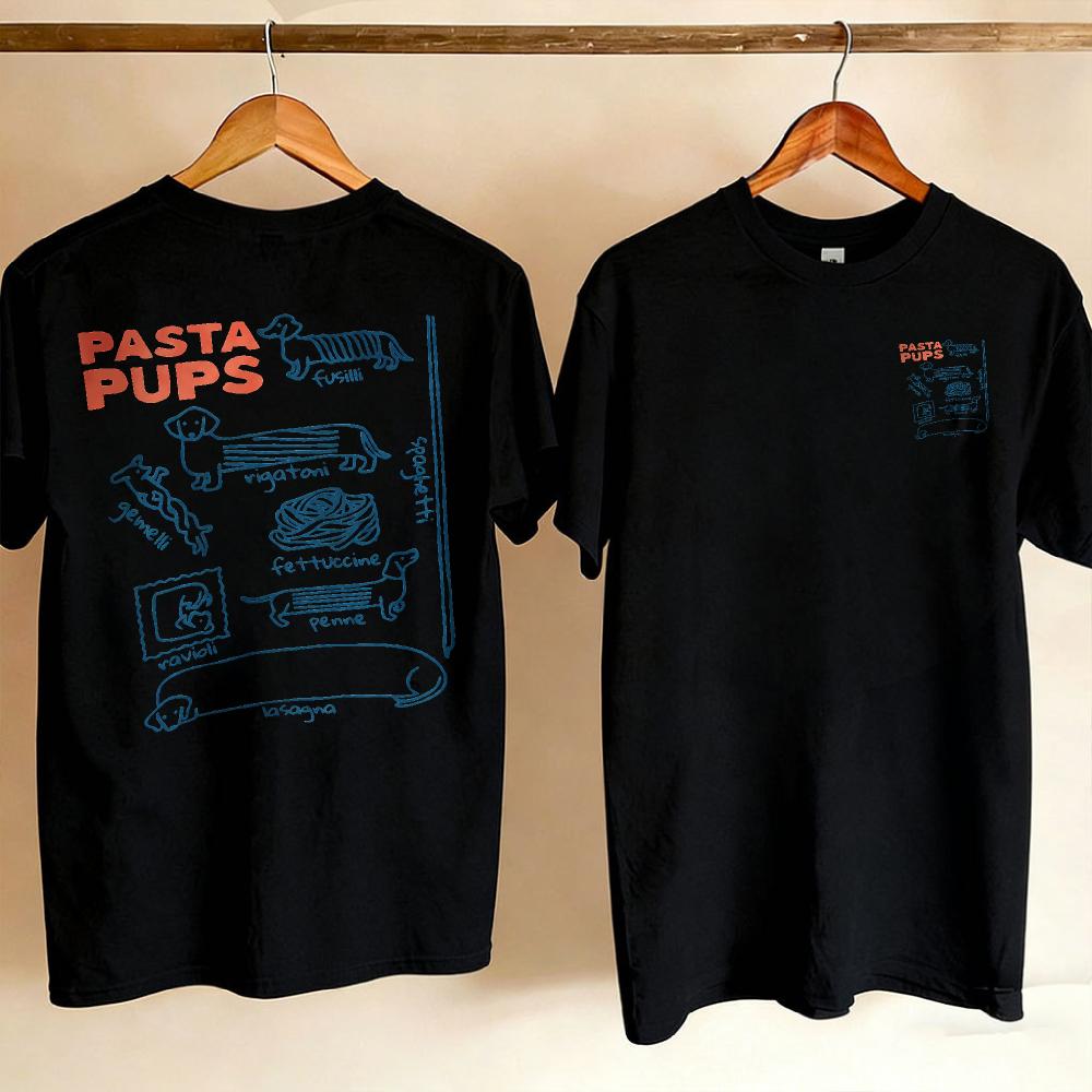 Women Pasta Pups Dachshund Dog Line Art T Shirt Funny Wiener Dog Spaghetti Pun Text Cotton Dog Owner Italian Food Casual Blouse
