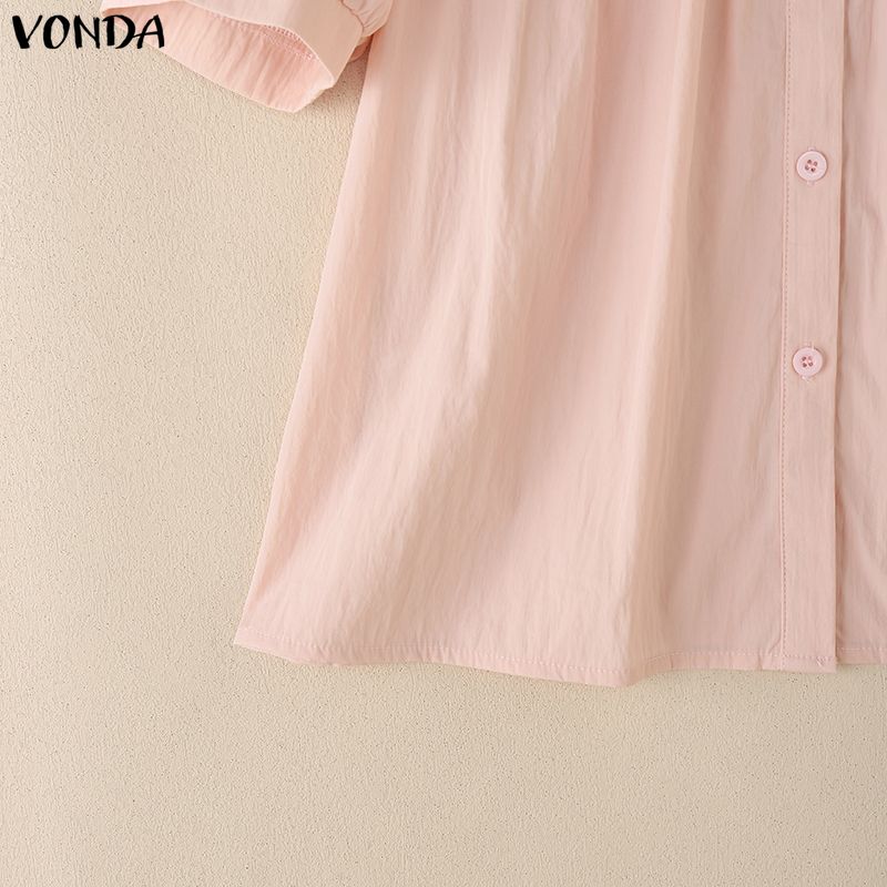 VONDA Wemen Casual Round Neck Puff Sleeve Embroidery Hem Buttons Blouse