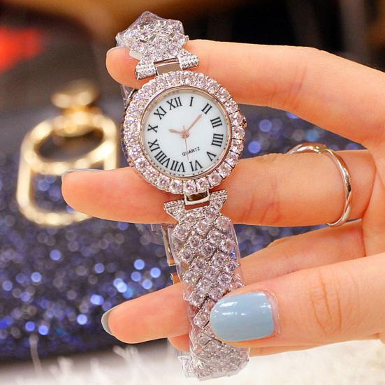 2Pcs/Set Women Watch Bracelet Kit Round Dial Shiny Rhinestones Inlaid Roman Numerals Pointer Display Accurate Decorative Gift