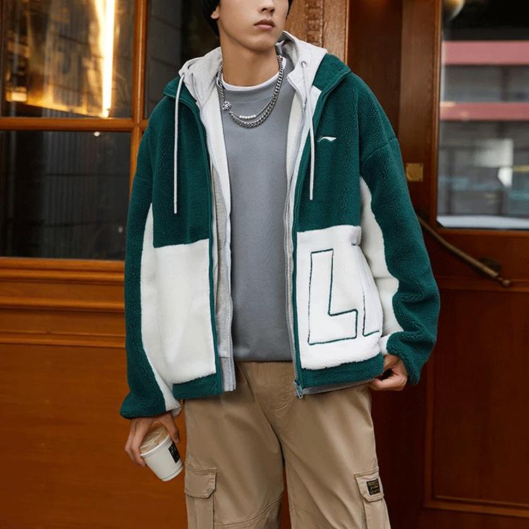 Li-Ning Теплая куртка из флиса Sherpa с большим логотипом, темно-зеленая, унисекс AFDR910-2