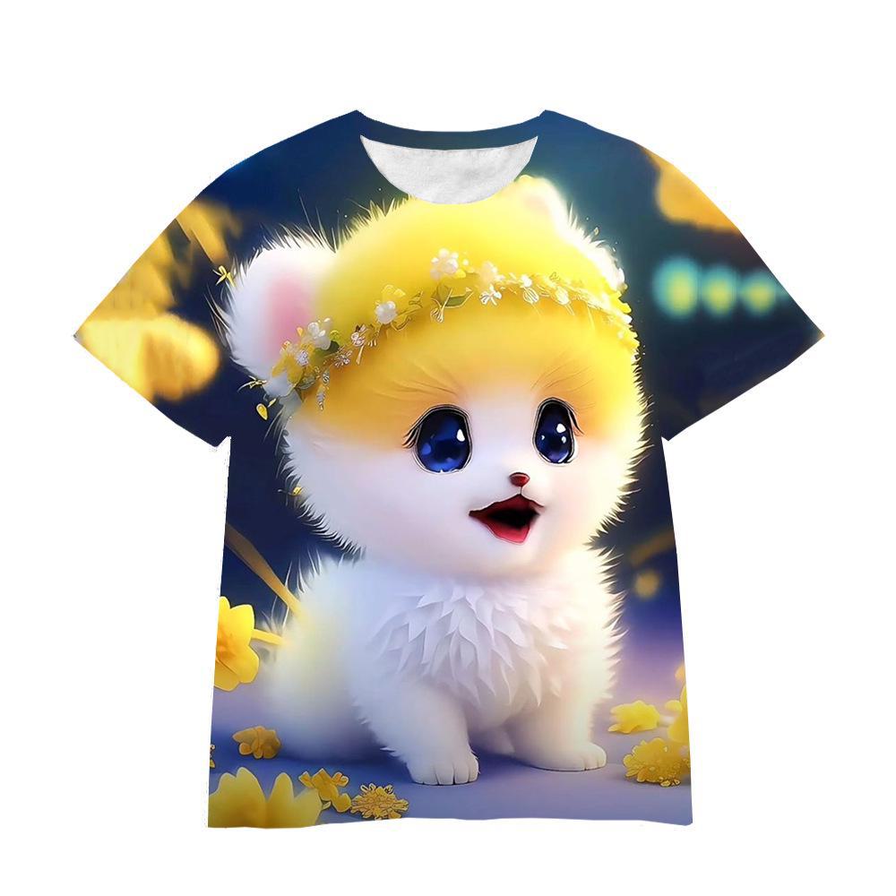 Summer Round Neck 3D Cartoon Furry Animal Print Top Fashionable Casual Short Sleeved Children's Boy and Girl Universal T-shirts