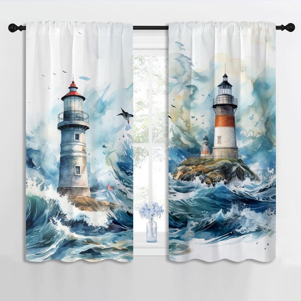 Nautical Lighthouse Rod Pocket Blackout Curta For Boy Girl Bedroom, Waves Seagull Blue Watercolor Art Thermal Insulated Home