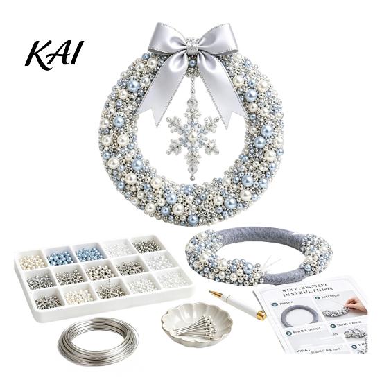 Holiday Crafting Projects DIY Christmas Pearl Wreath Kit, Handmade Beaded Door Decor, Stress Free Kit Wall Hanging Elegant Craft Project for Home Bead