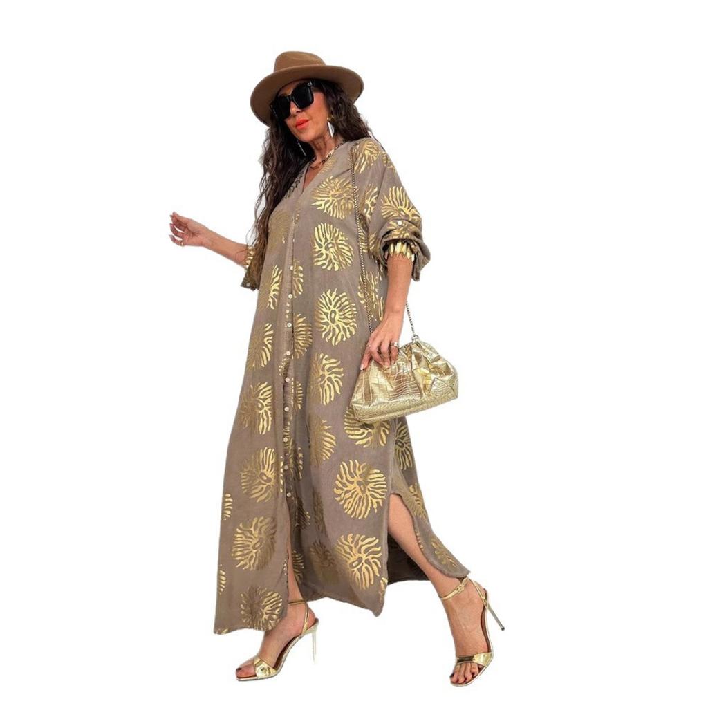 Женское свободное повседневное платье большого размера с лацканами, принтом и золотым тиснением, новинка для отдыха