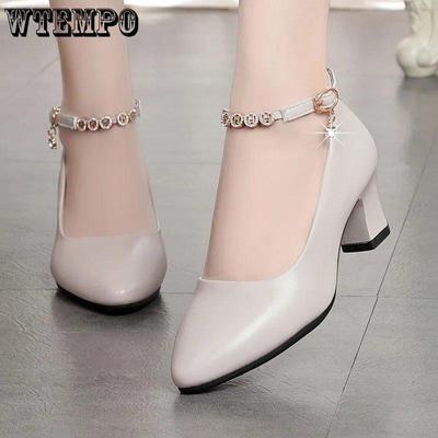 Женские милые черные туфли на высоком каблуке с острым носком и пряжкой для офиса, женские классические бежевые удобные туфли из искусственной кожи