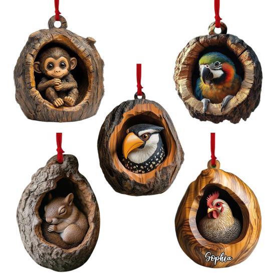 5Pcs Christmas Animal Ornaments 2D Acrylic Cute Wildlife Pendant Raccoon Owl Squirrel Hedgehog Bird Tree Hole Wood Texture Hanging Decorations