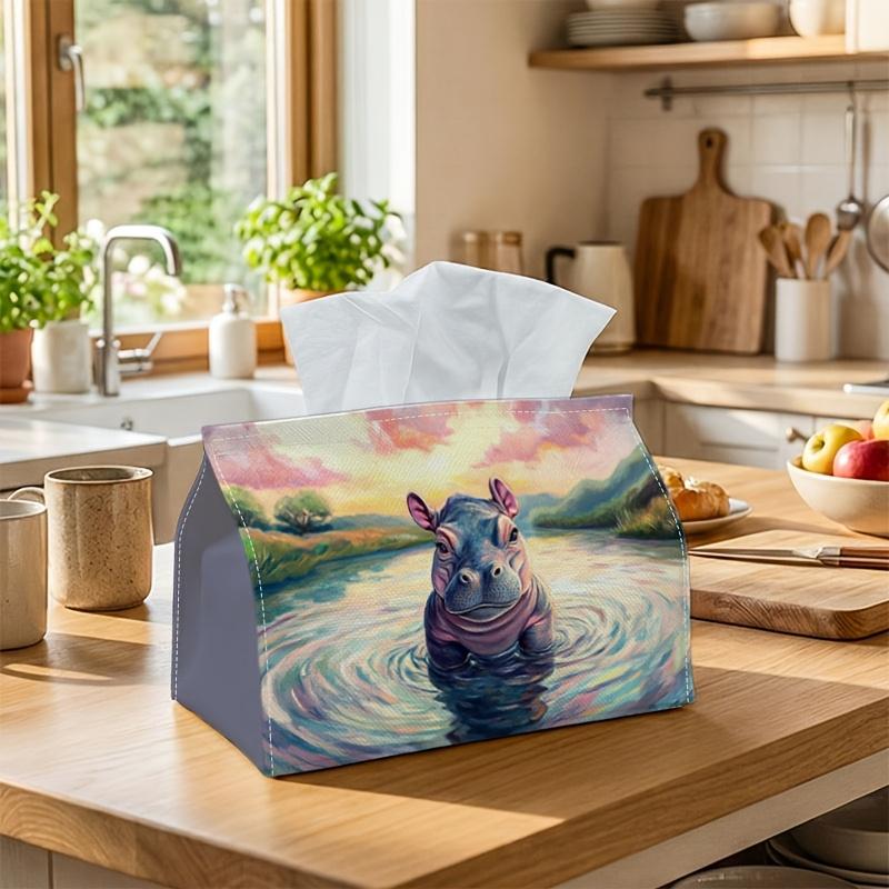 One Artistic Hippo-Themed Tissue Box Cover Featuring a Scenic Sunset Over a Rippling Lake. It Is Made of High-Quality, Waterproof, And Durable Materia