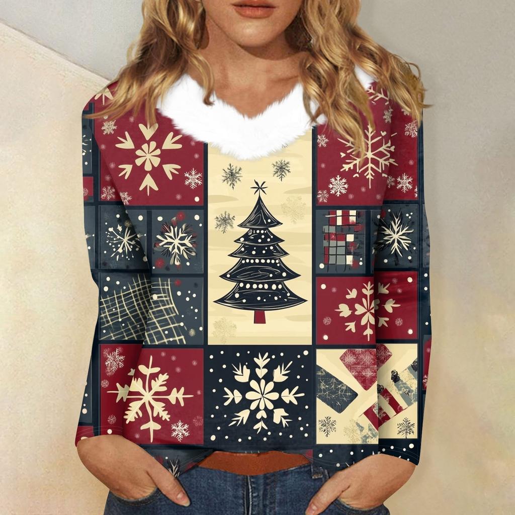 Women's T Shirt Shirt Long Sleeve Christmas Party Printed Plush Collar V Neck  Top