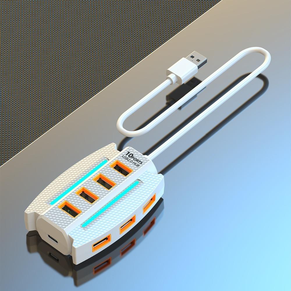 Расширитель на 10 портов USB 2.0 с RGB-подсветкой, расширитель USB-портов, аксессуары для мобильных телефонов