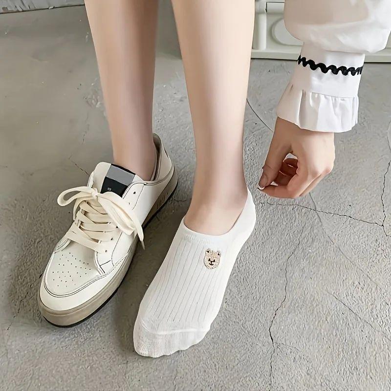 10 пар удобных и эластичных женских мультяшных носков до щиколотки - Невидимая смесь полиэстера/спандекса, Веселая вышивка