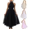 Lady Evening Dress Lace-up High Collar Halter Neck Backless Off Shoulder Sleeveless Multi-layer Mesh Hem Solid Color A-line