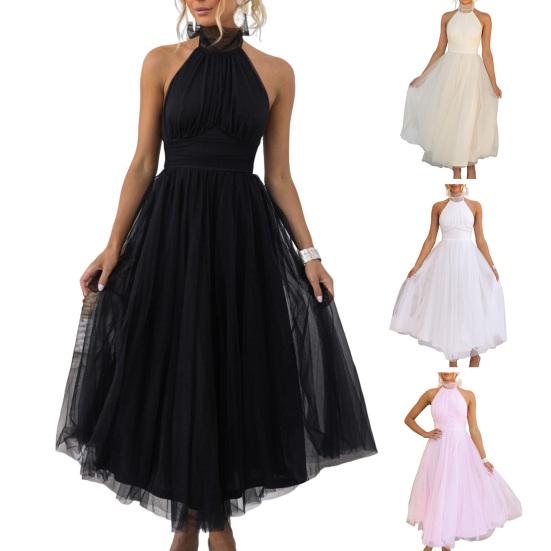Lady Evening Dress Lace-up High Collar Halter Neck Backless Off Shoulder Sleeveless Multi-layer Mesh Hem Solid Color A-line